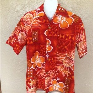 Vintage Barkcloth Hawaiian Shirt Tropical Orange L